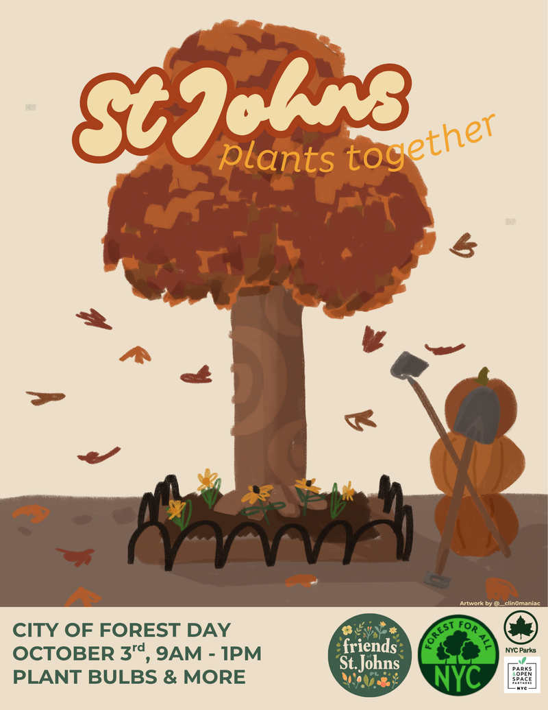 St Johns Plants Together flyer. City of Forest Day, October 3rd, plant bulbs and more. Artwork by @__clin0maniac